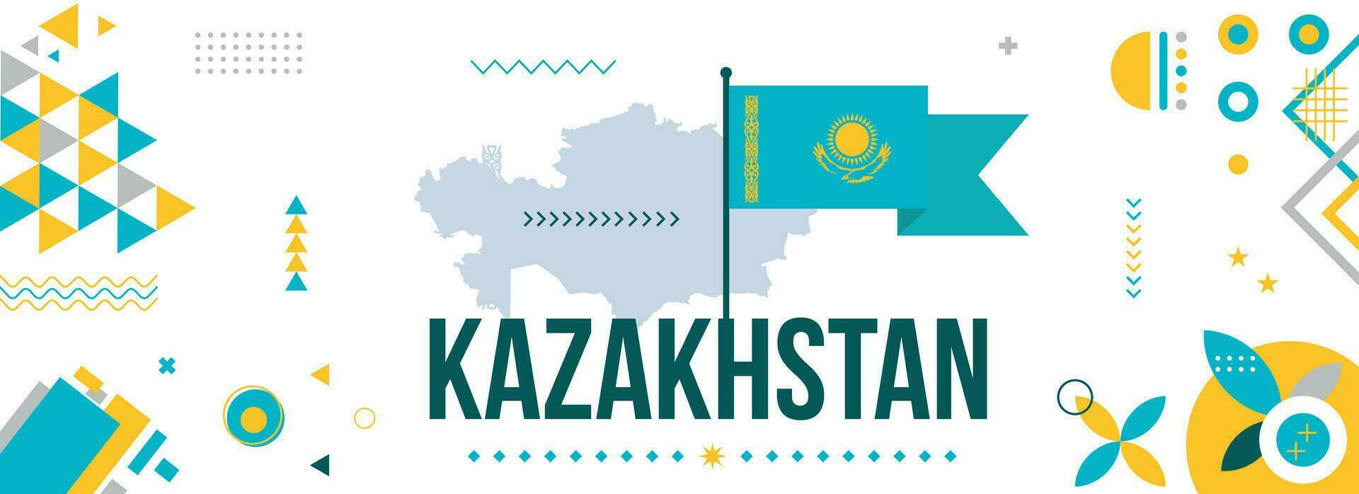 Kazajstán nacional o independencia día bandera diseño para país celebracion. bandera y mapa de Kazajstán con moderno retro diseño y resumen geométrico iconos vector ilustración.