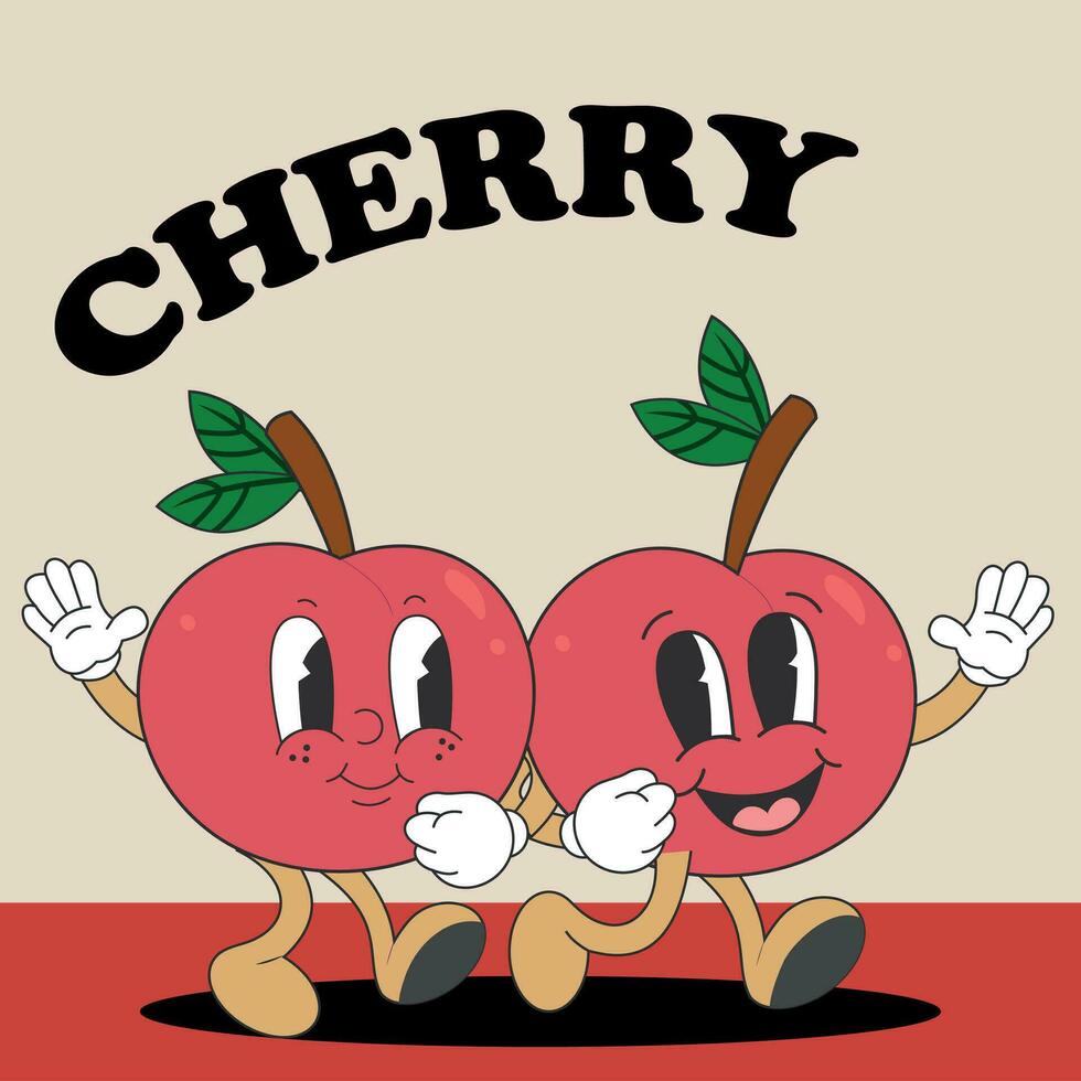 Cute groovy character cherry. Fruit retro funky cartoon characters. Comic mascot of cheery with happy smile face, hands and feet. Fruits flower berries juicy sticker pack. vector