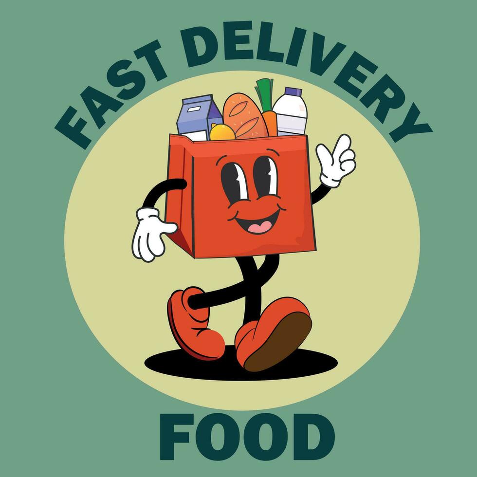 Fast food delivery funny mascot is a bag with groceries. Comic character in a fashionable retro cartoon style of the 70s. Groovy funky trendy vector illustration