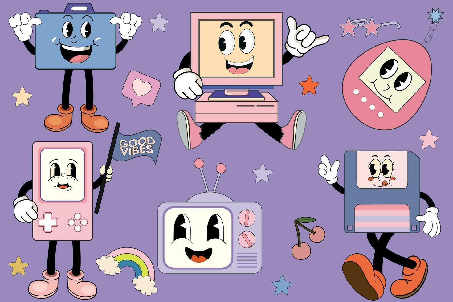 Groovy characters in the form computer pc, floppy disk, tetris and tamagochi mascots in retro cartoon style. Old games machine. Vector illustration