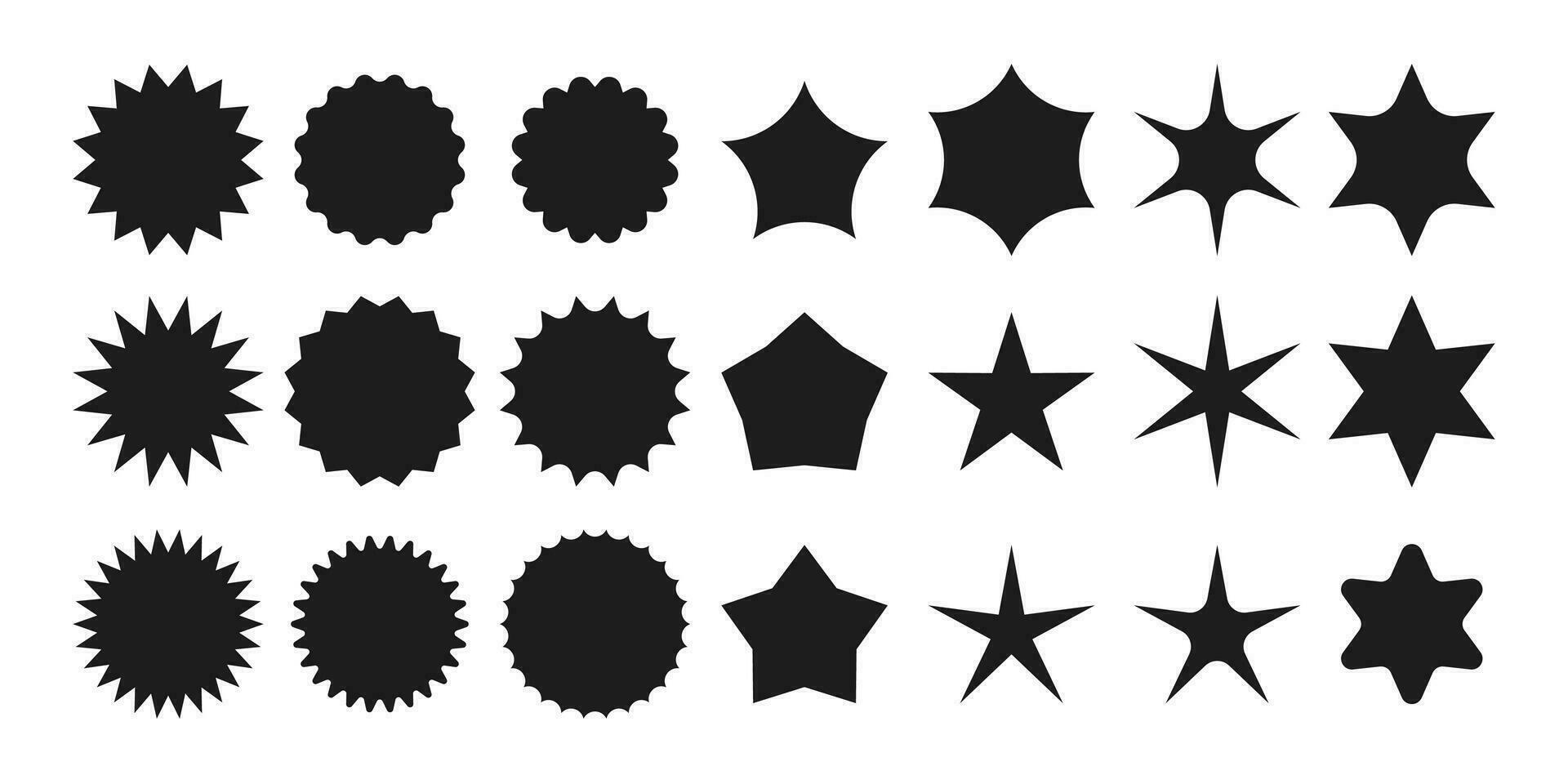 conjunto de vector estallido estelar, rayos de sol insignias negro íconos en blanco antecedentes. sencillo plano estilo Clásico etiquetas, pegatinas