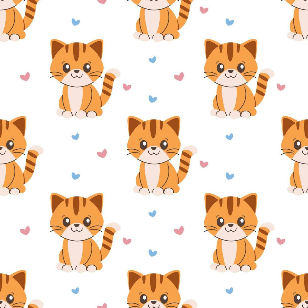 Seamless pattern of kitty, cat, kitten and hearts, cute vector