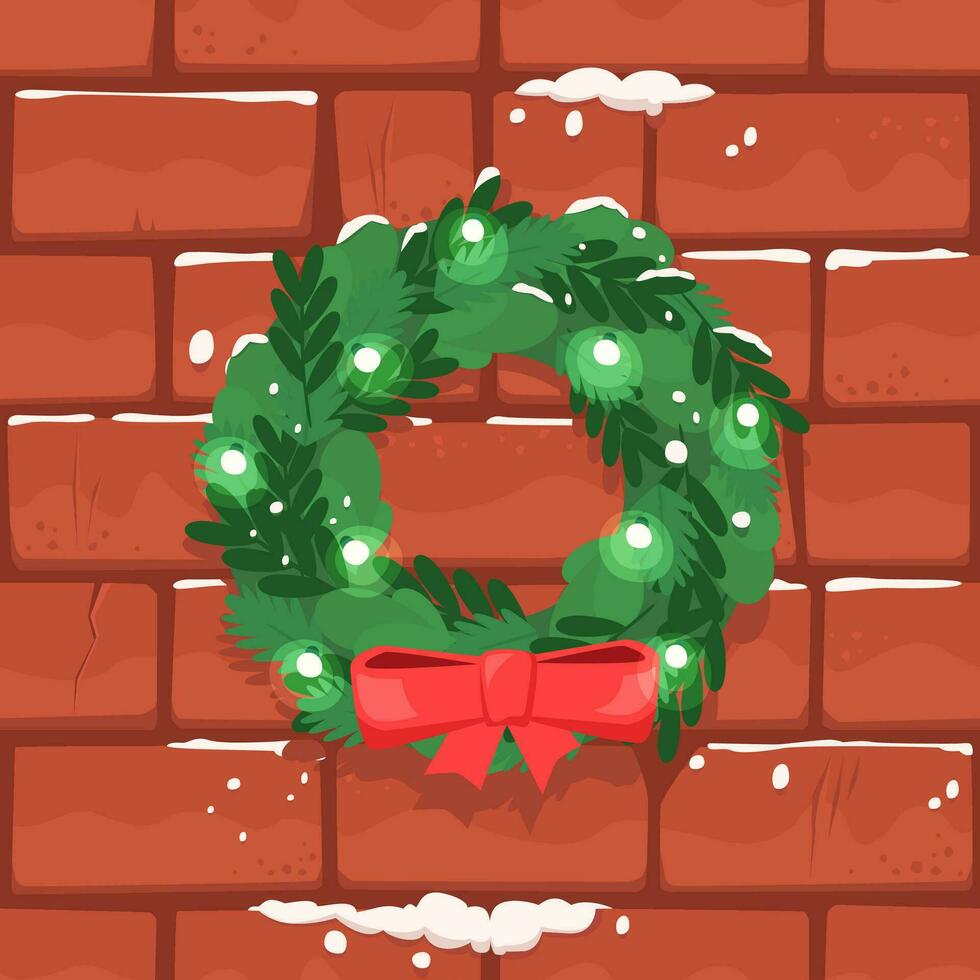 Brick Wall with Christmas Wreath, Seamless Vector Background, Design for Game, Print, Textile and more