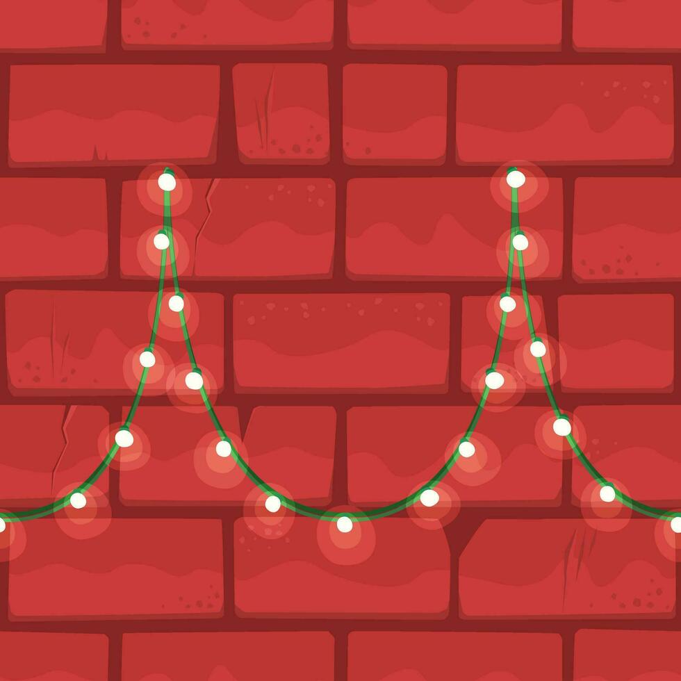 Holiday Brick Wall With Hanging Christmas Lights, Seamless Square Vector Background