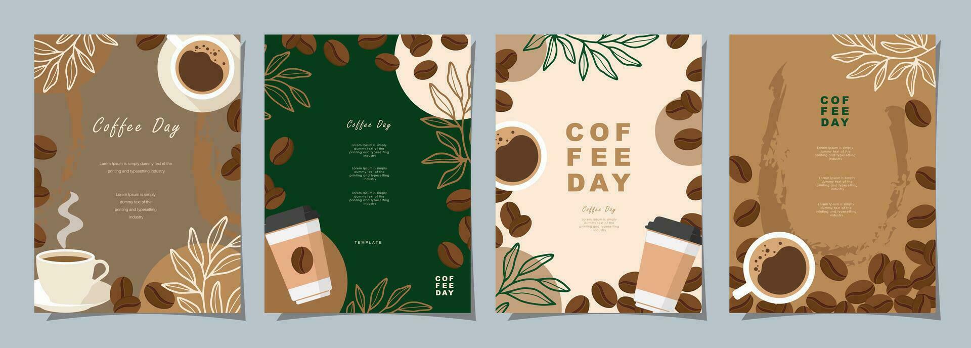 conjunto de bosquejo pancartas con café frijoles y hojas en vistoso antecedentes para póster, menú, café o otro modelo diseño. café día. vector ilustración.