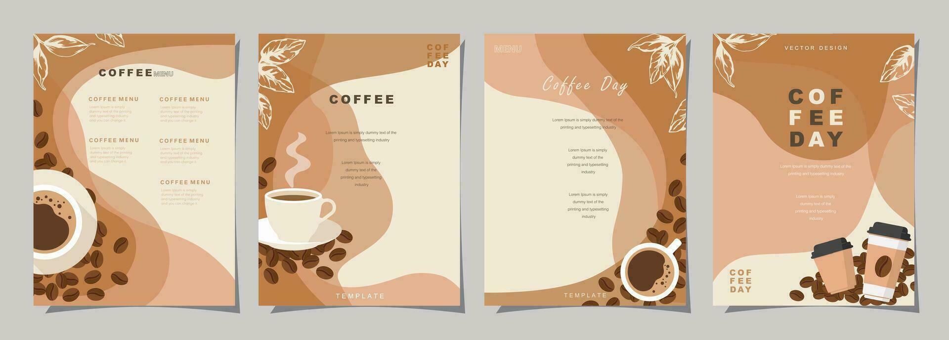 conjunto de bosquejo pancartas con café frijoles y hojas en vistoso antecedentes para póster, menú, café o otro modelo diseño. café día. vector ilustración.