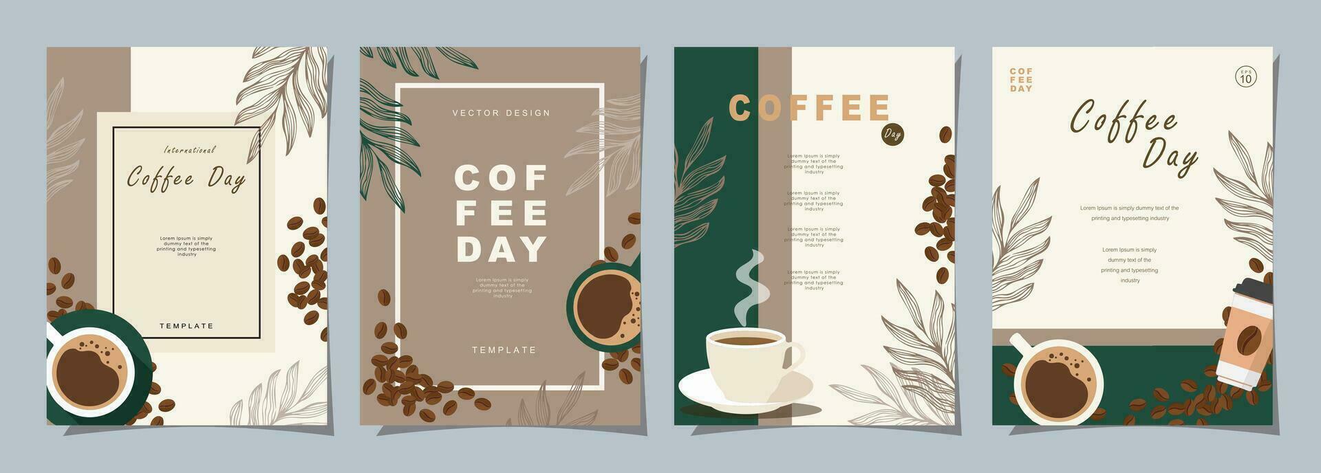 conjunto de bosquejo pancartas con café frijoles y hojas en vistoso antecedentes para póster, menú, café o otro modelo diseño. café día. vector ilustración.