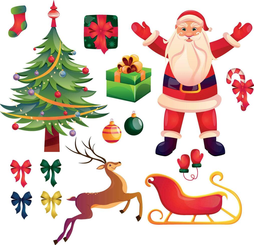 Set of elements for Christmas design. Traditional attributes. Santa, Christmas tree, presents, reindeer, sleight. Merry Christmas, Happy new Year, Winter holidays concept for greeting card, banner vector