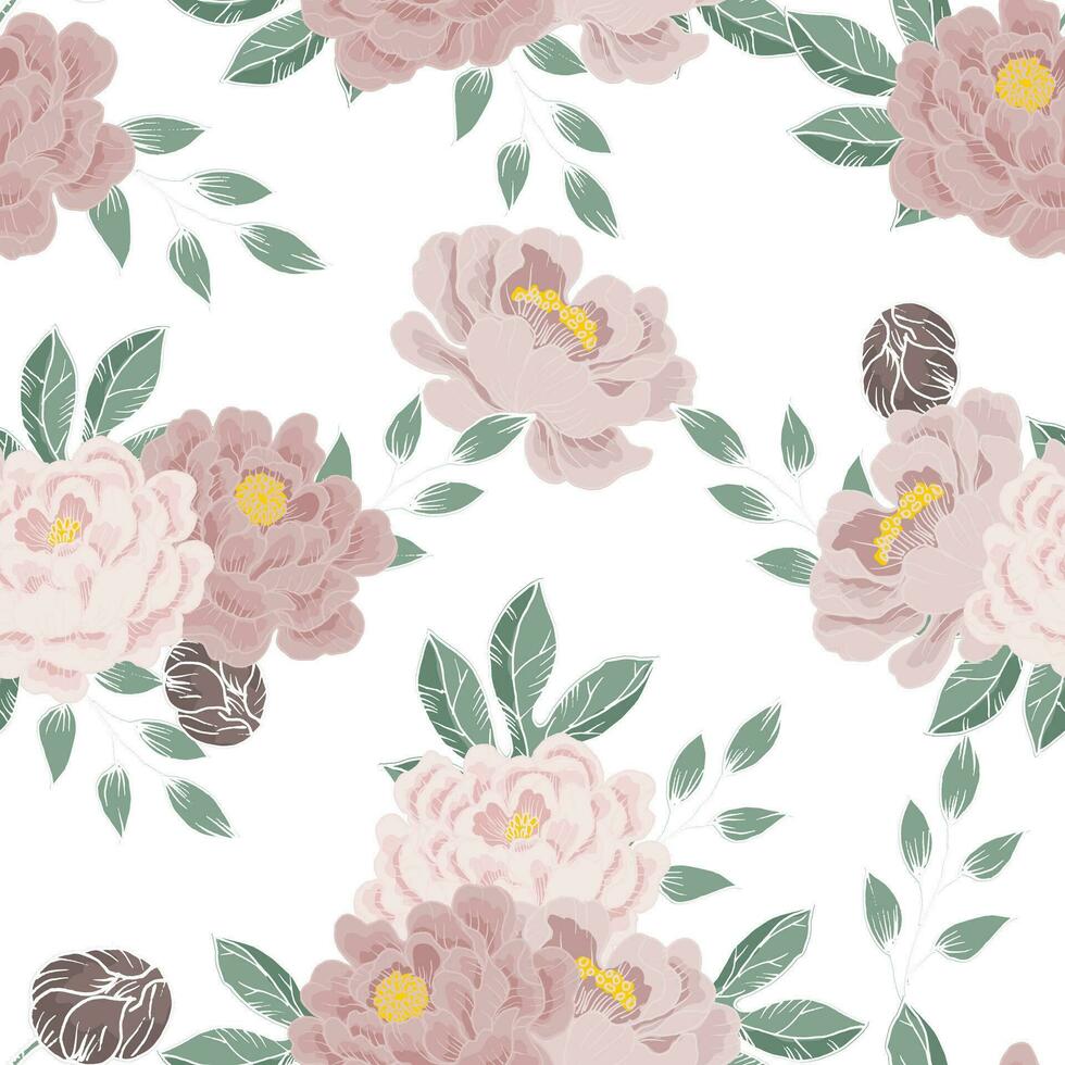 Hand Drawn Dusty Peony Flower Seamless Pattern vector