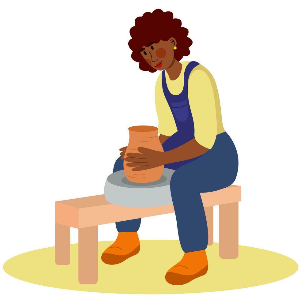 The young dark skin woman potter makes a ceramic pot. Ceramic craft master, pottery hobby. vector