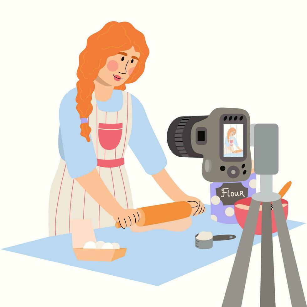 The young woman rolls out the dough. Cooking blog.Woman blogger recording video on camera, using tripod, posting it on social media. vector