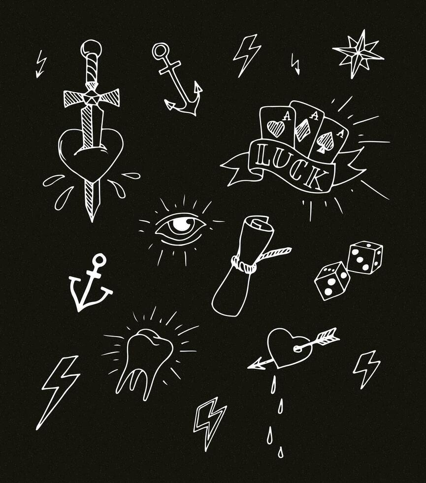 a set of tattoo symbols on a black background vector