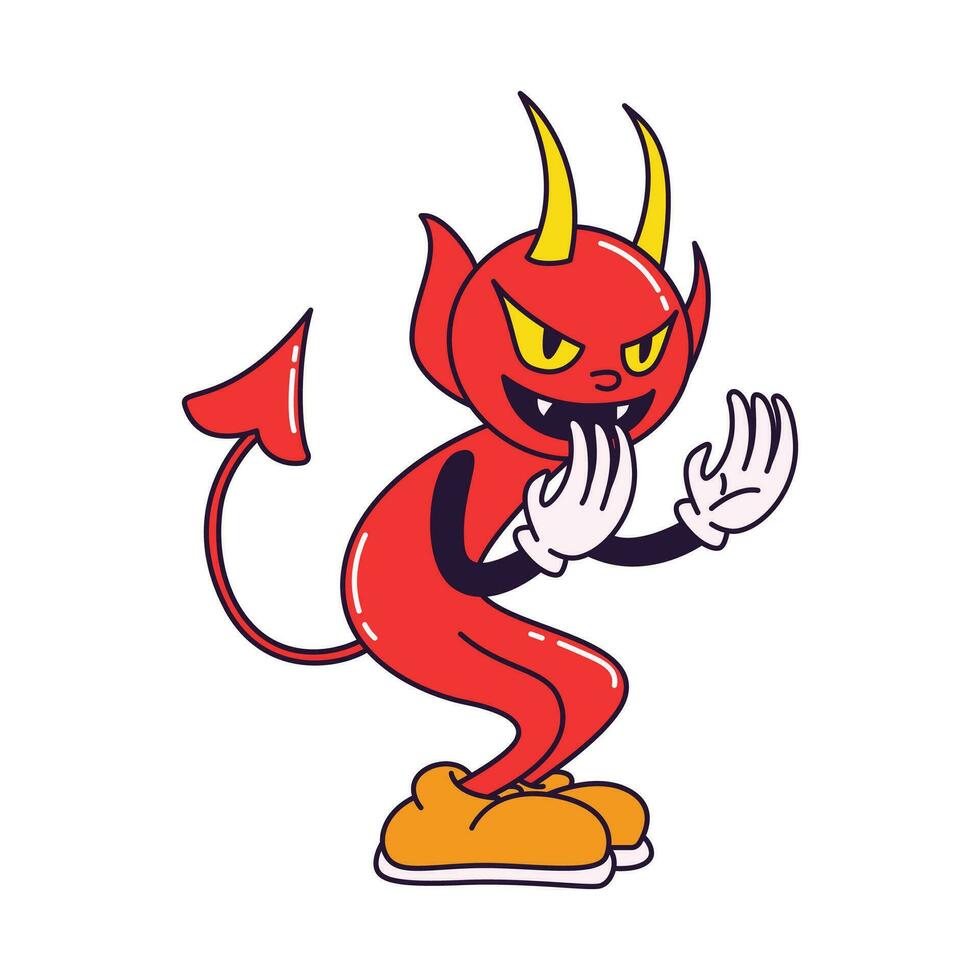 escalofriante rojo diablo Clásico dibujos animados, gracioso personaje, de moda clásico retro dibujos animados estilo. contento Víspera de Todos los Santos. contorno vector ilustración aislado en blanco.