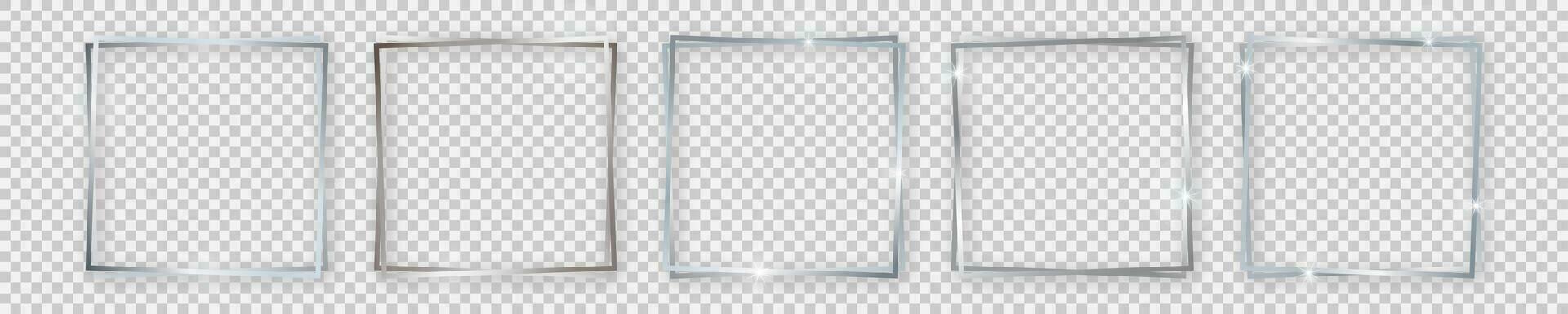 Set of five double silver shiny square frames with glowing effects and shadows on background. Vector illustration