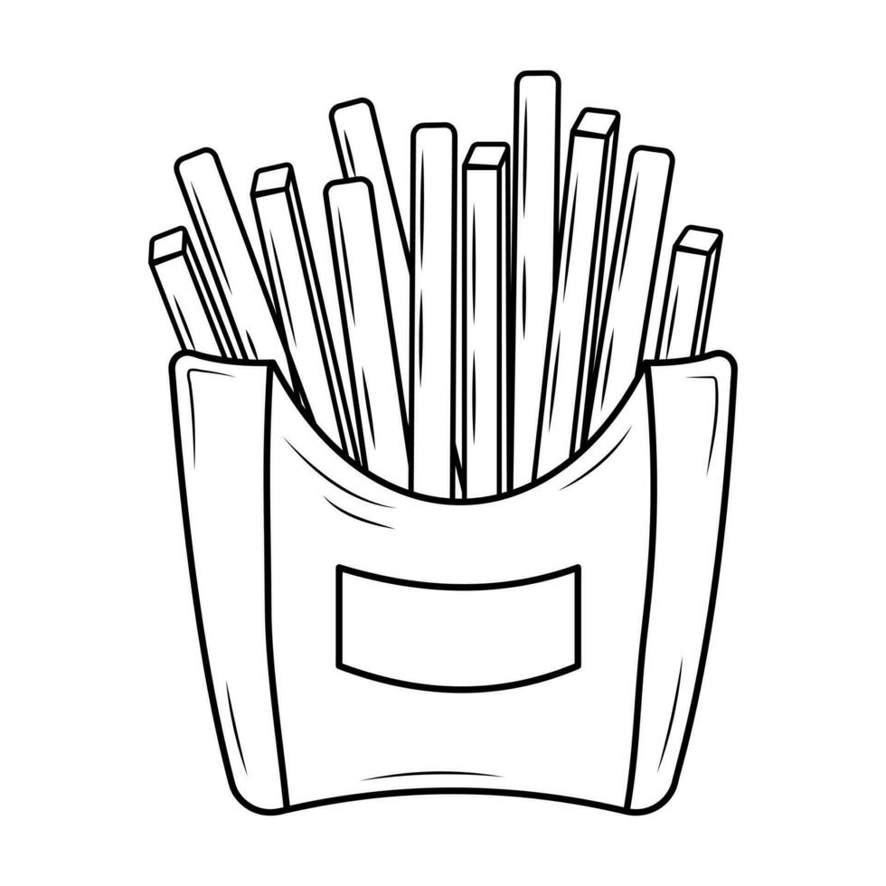 French fries in a paper pack. Fast food fried potatoes linear icon. American street food. Hand drawn doodle illustration. vector