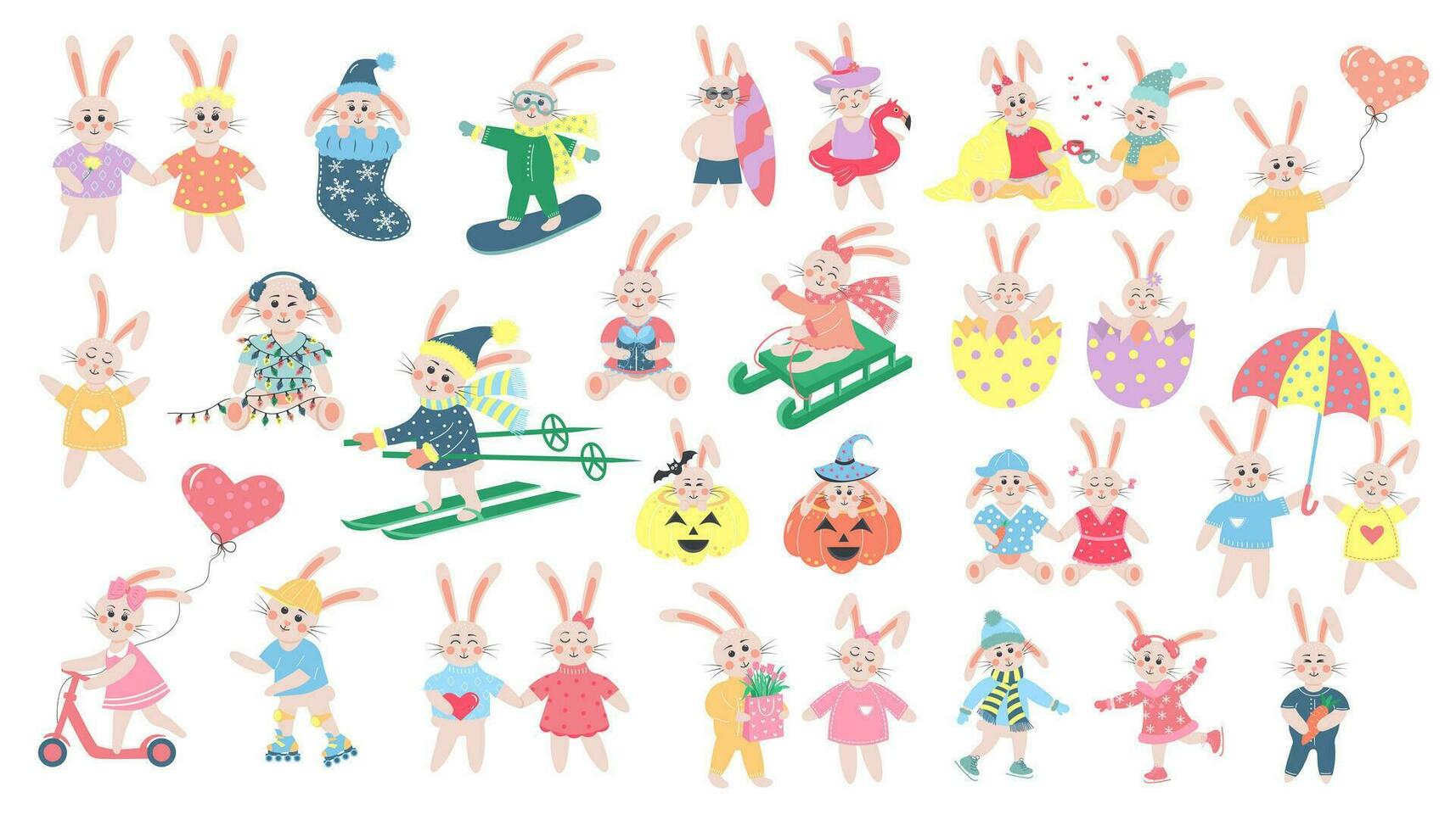 Big set of cute rabbits. Funny boy and girl bunny in different poses and clothes. Cartoon forest characters collection. vector