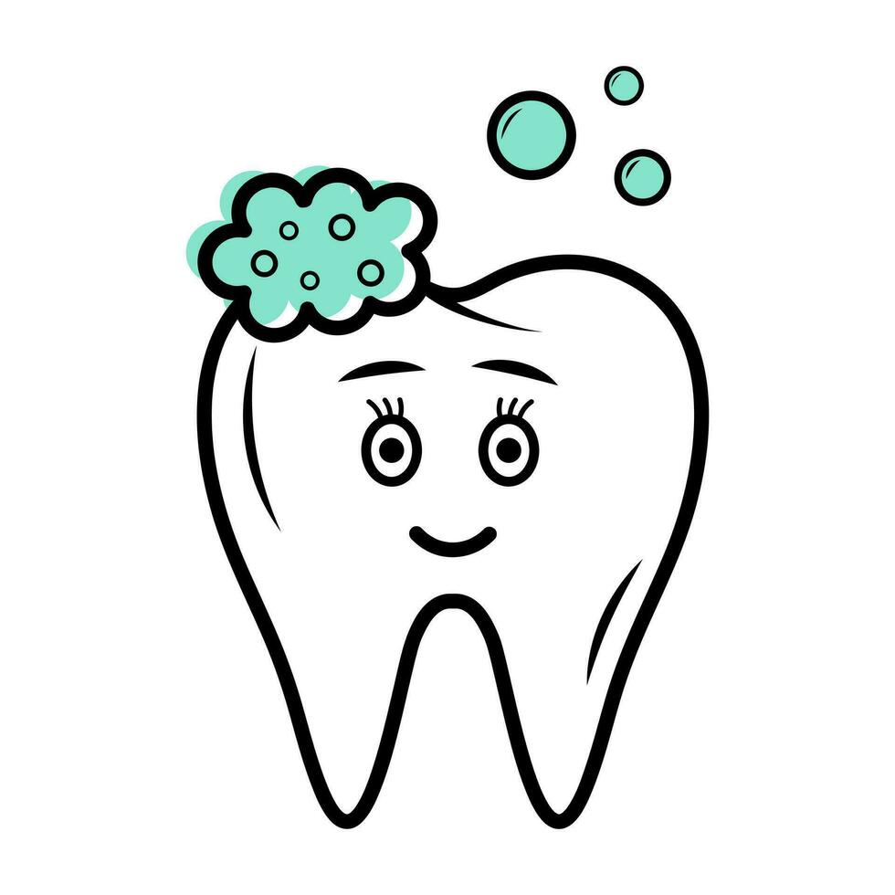 Tooth cute character with toothpaste and bubbles. Linear doodle icon with blue shape. Dental care. Teeth cleaning. vector