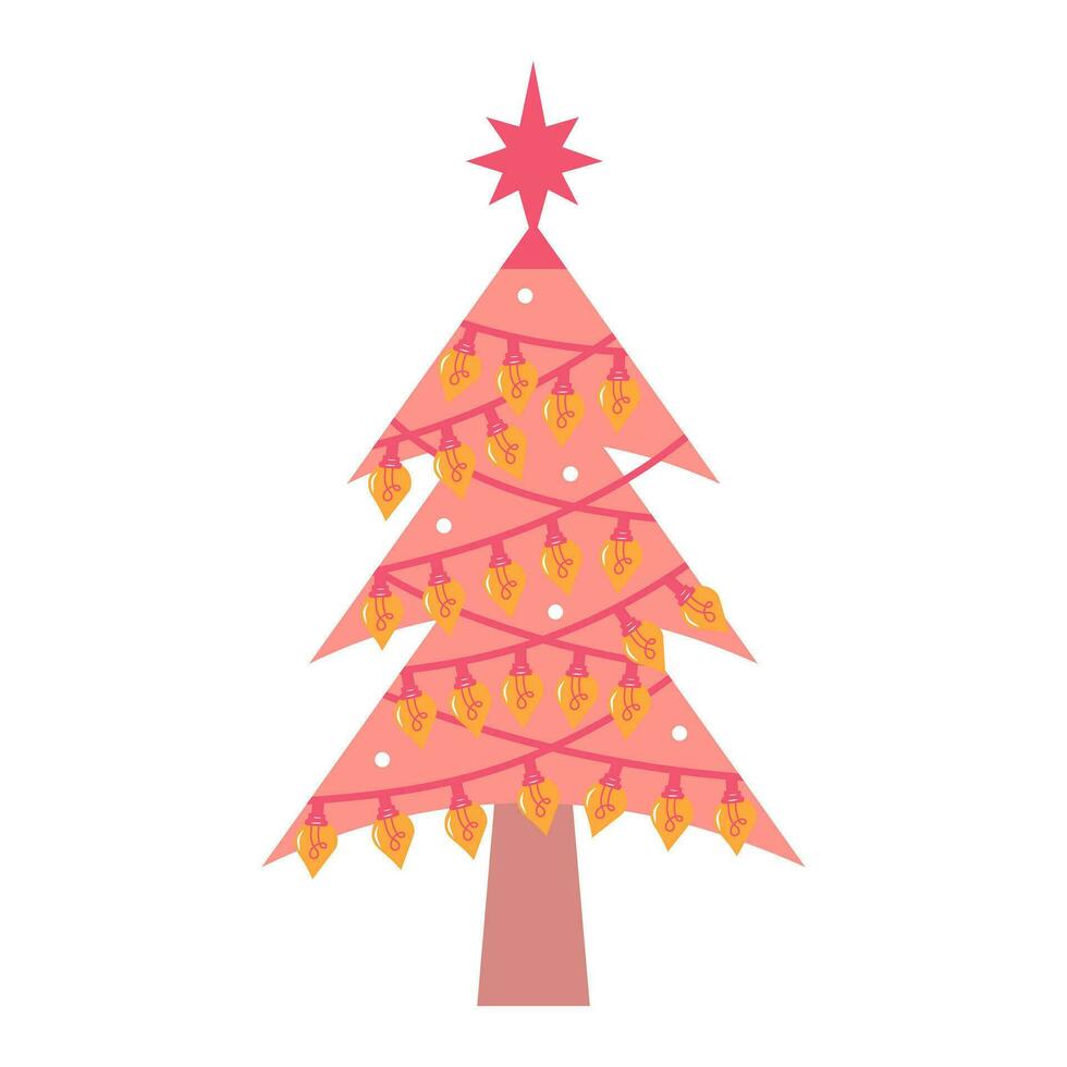 Pink christmas tree. Cute pastel decorated Christmas tree with baubles and garland. vector