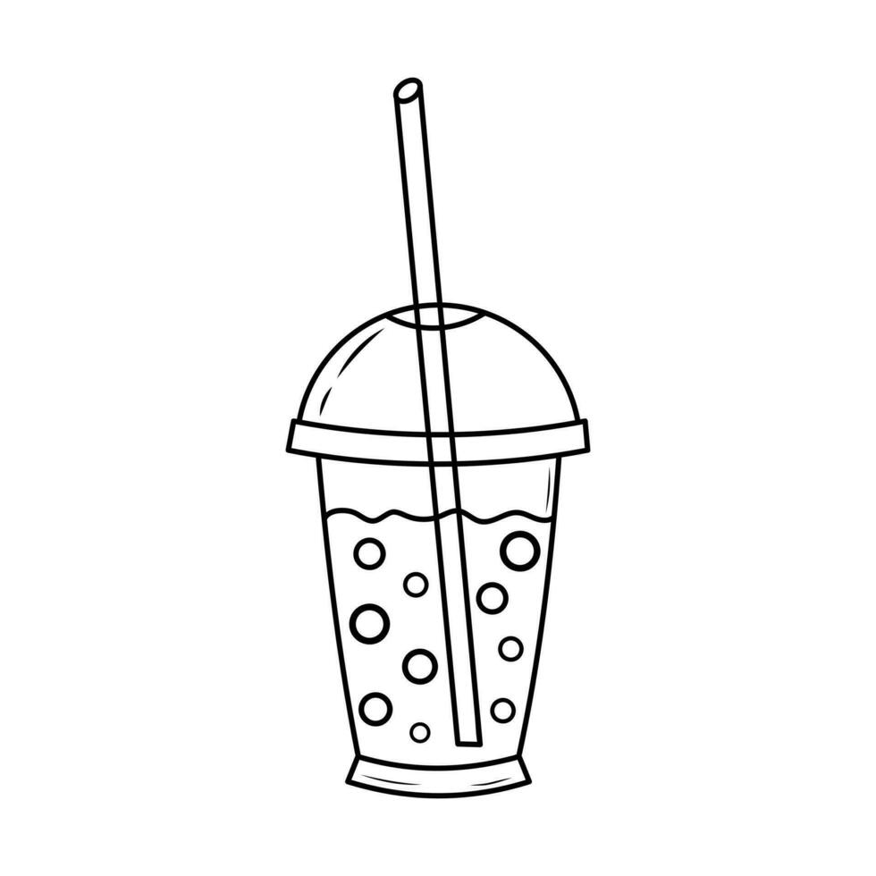 Milkshake in a plastic cup with a straw. Street food linear icon. Takeaway doodle drink. vector