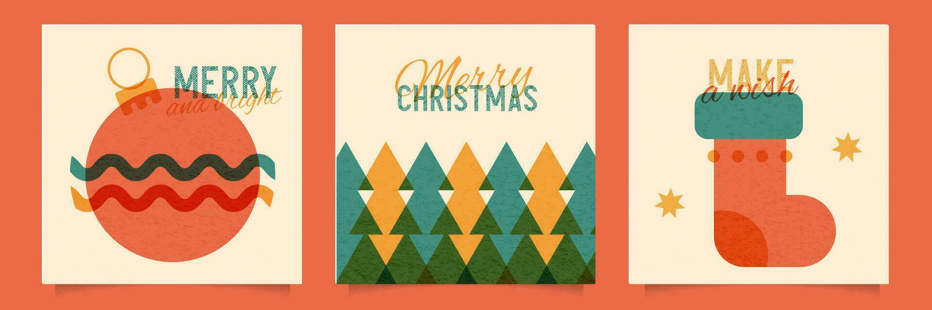 Merry Christmas retro posters set. Vintage paper templates of modern minimalist Xmas square flyers in risograph style. Collection of riso greeting cards, covers for branding of winter holiday. Vector