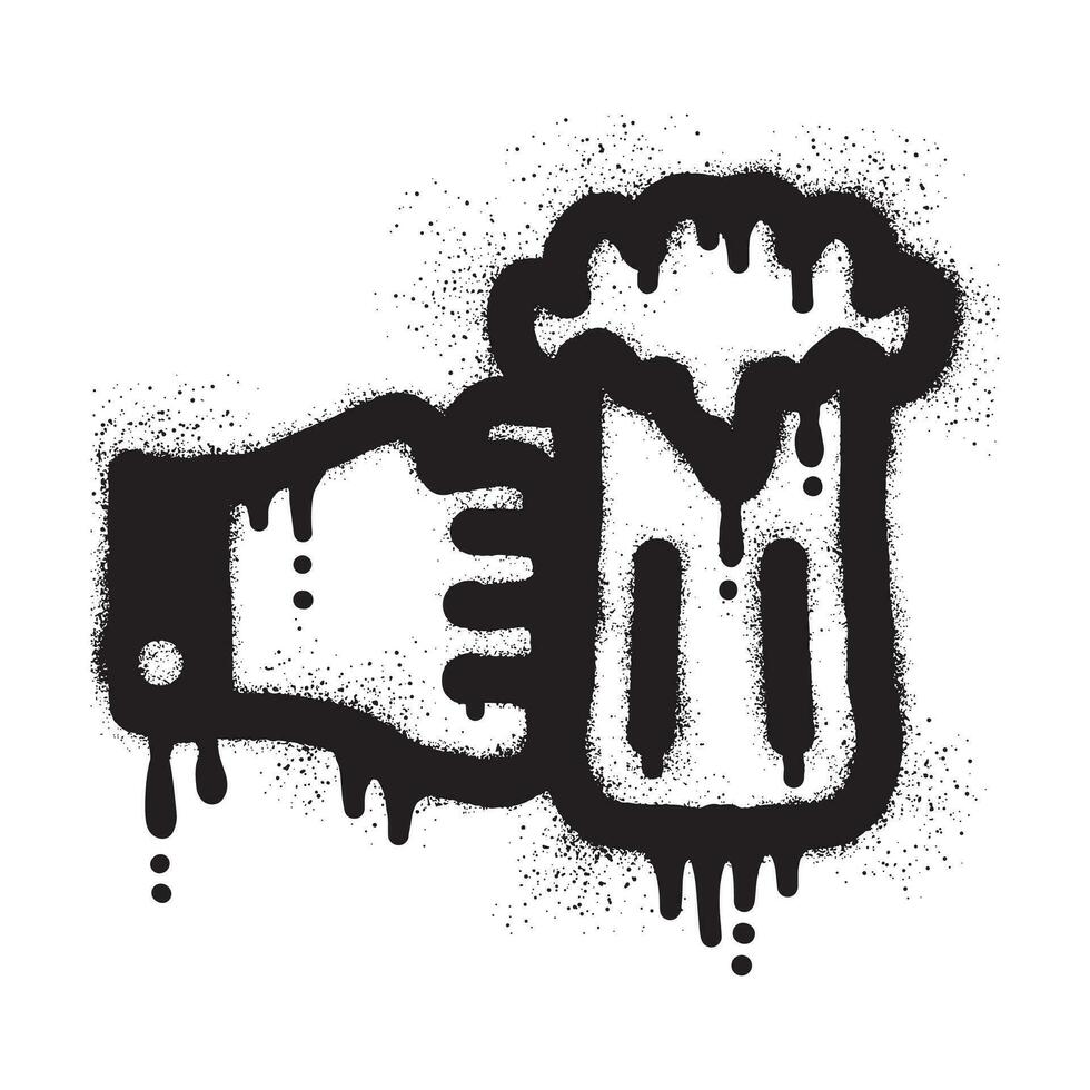 Graffiti of a hand holding beer mug with black spray paint vector