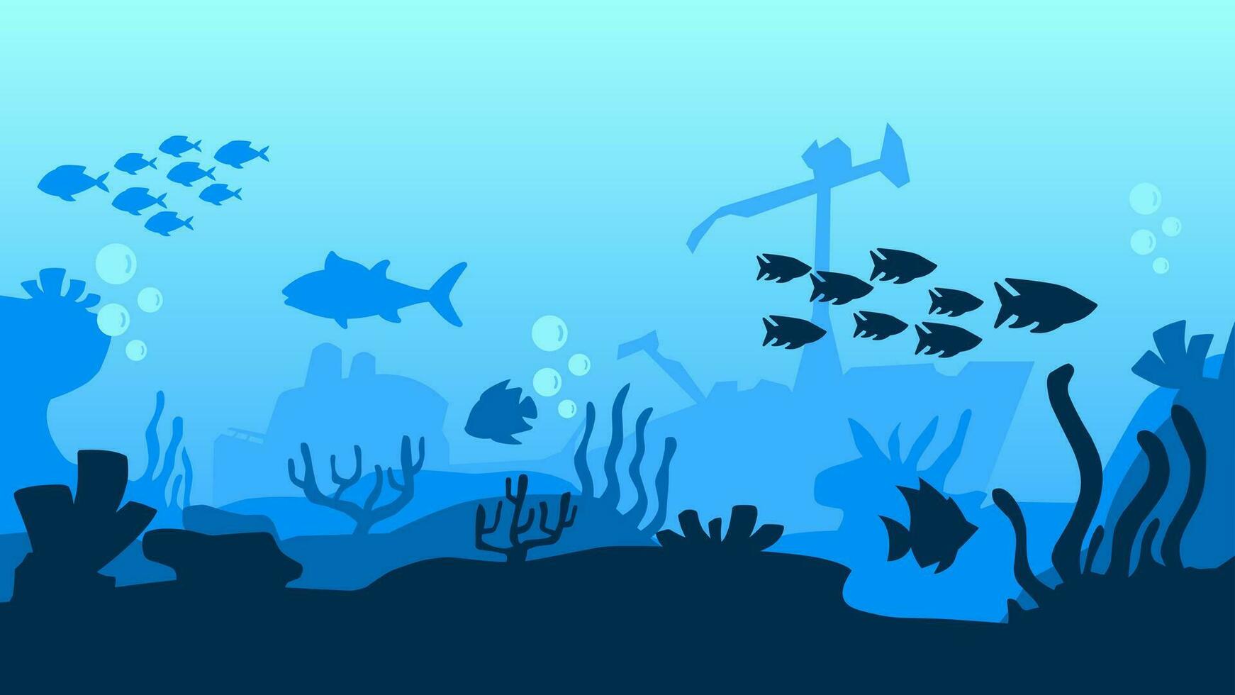 Underwater landscape vector illustration. Bottom sea landscape with fish, coral reef and shipwreck. Sea world silhouette for background, wallpaper or landing page. Deep sea landscape vector background