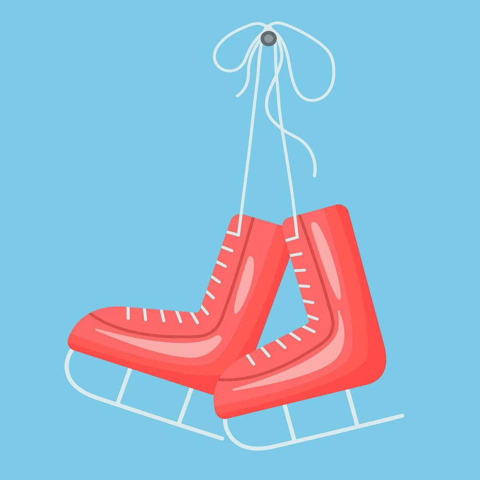 Red-pink skates on a blue background, for ice skating. Vector flat illustration.