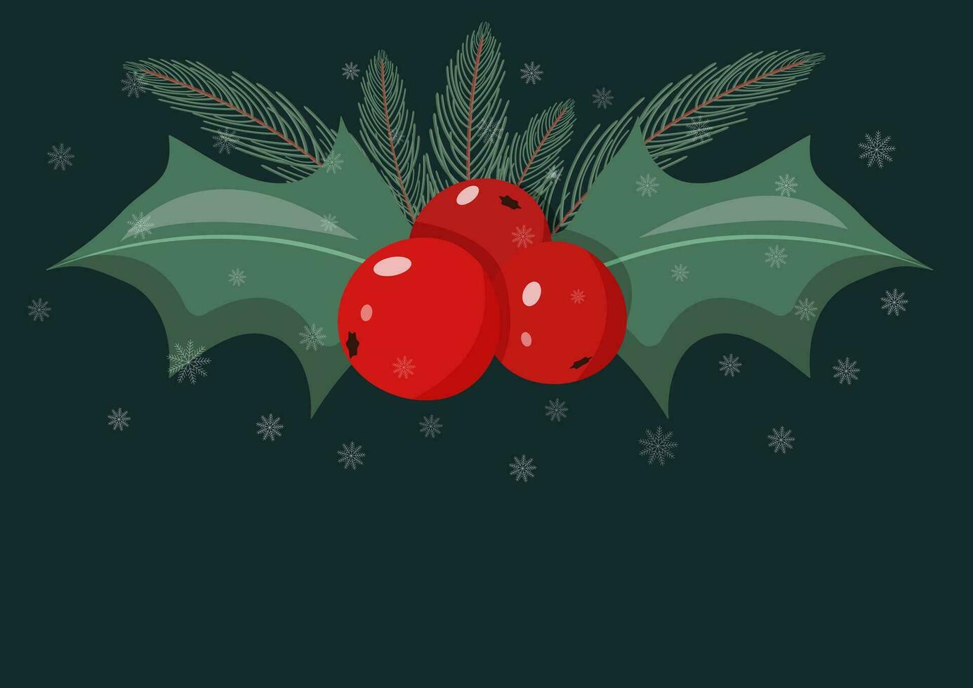 Christmas illustration with berries and fir branches, with small snowflakes on a dark blue background. Vector illustration for banner design and for the design of social networks, with space for text.