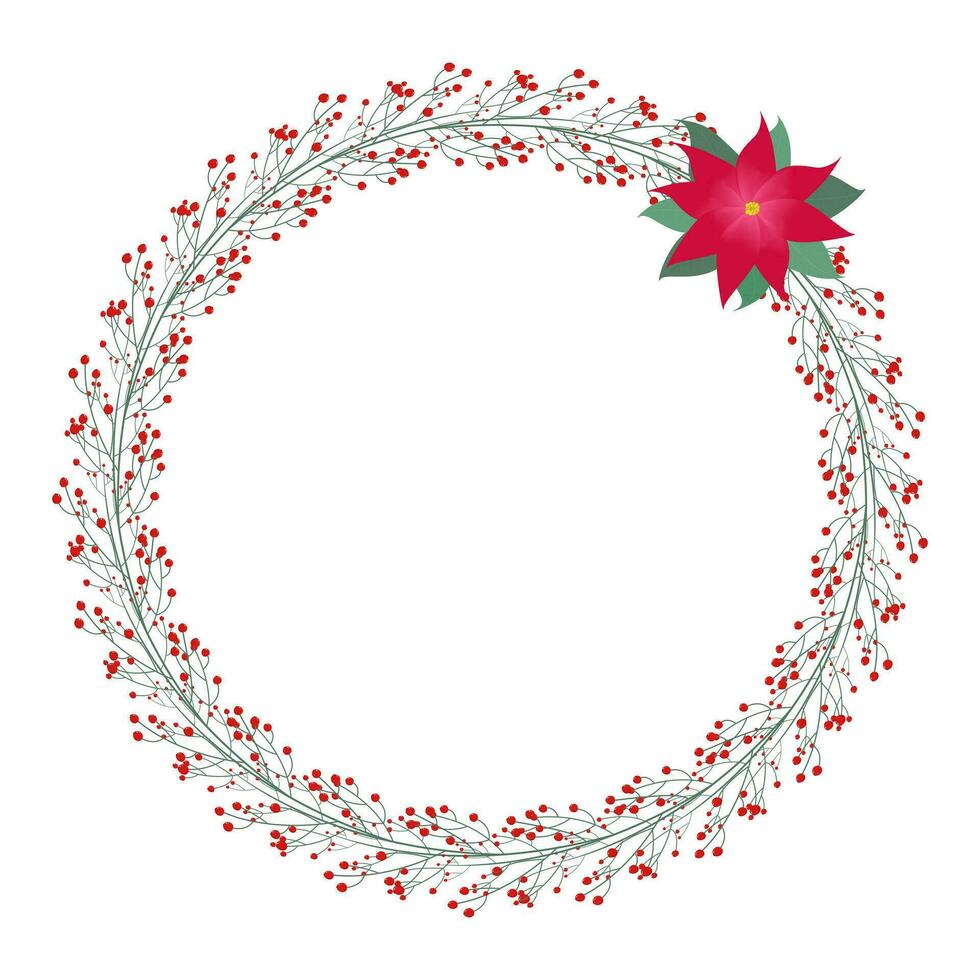 Christmas wreath with red berries and a red flower, with a place for text. Vector illustration.