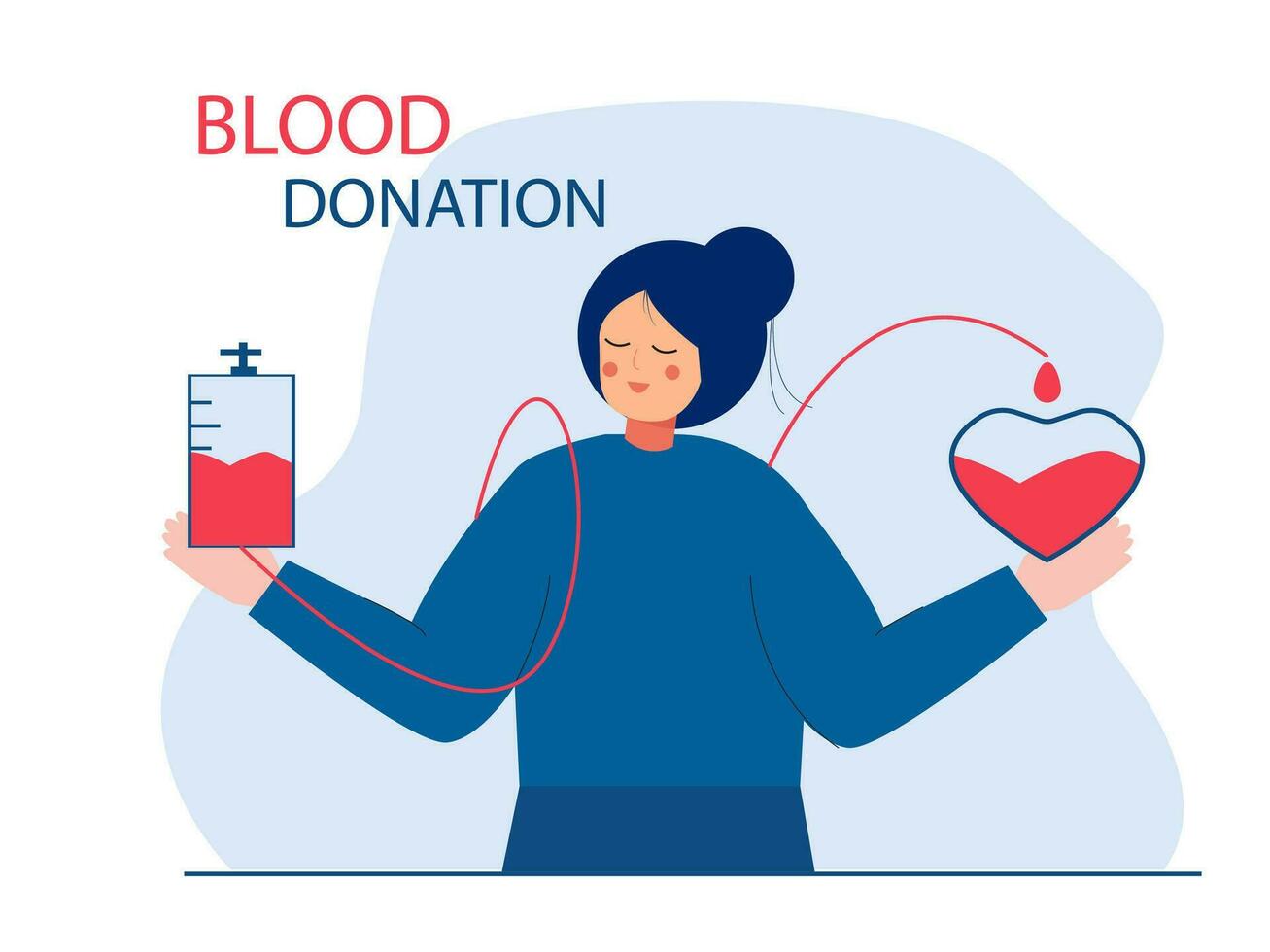 Volunteer woman donating blood near heart. Donor. Concept of donation, charity, world blood donor day, health care. Vector illustration in flat design for background, banner, card