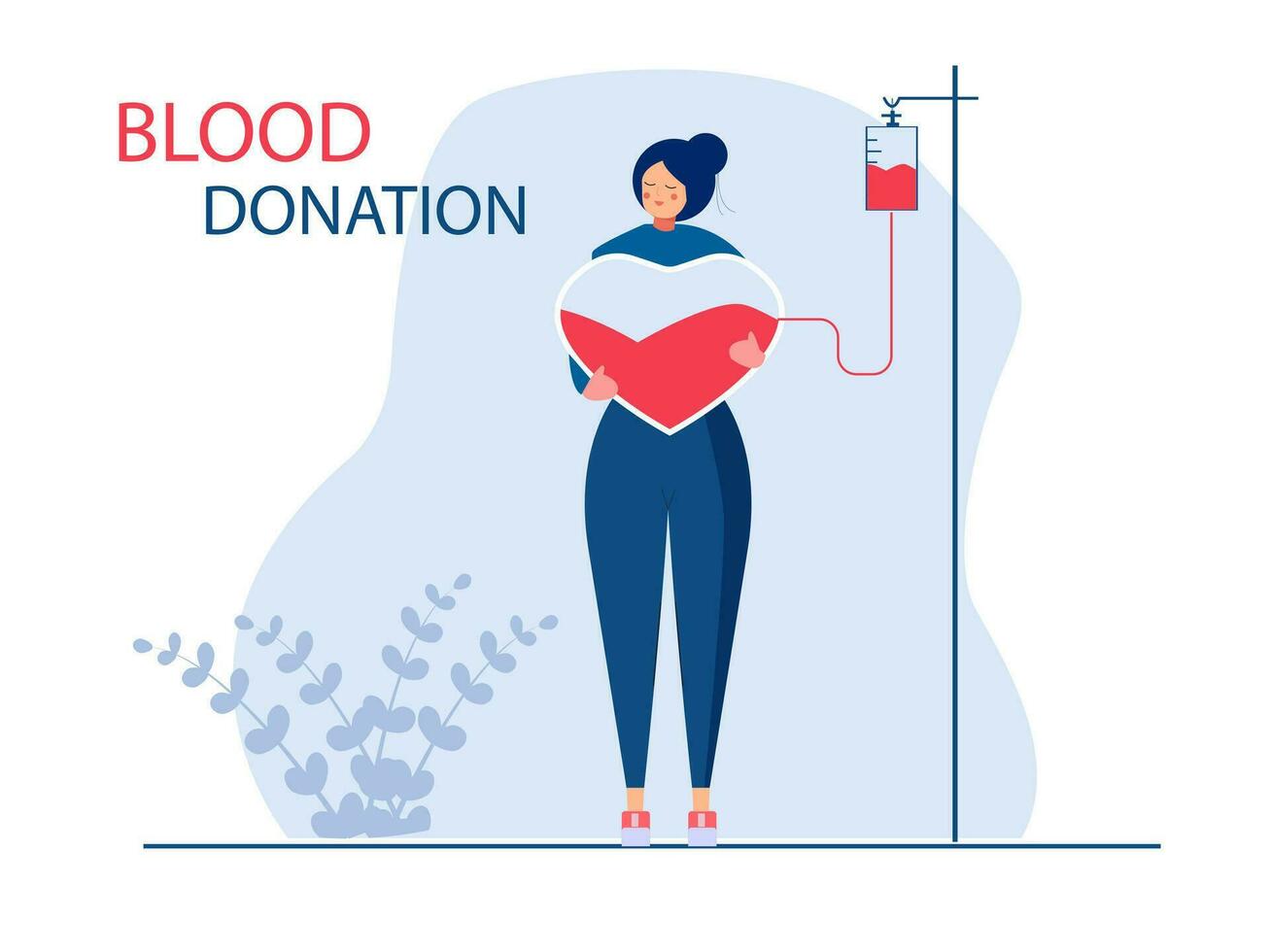 Volunteer woman standing with heart and donating blood. Donor. Concept of donation, world blood donor day, blood bank, health care. Vector illustration in flat design for book, banner, card