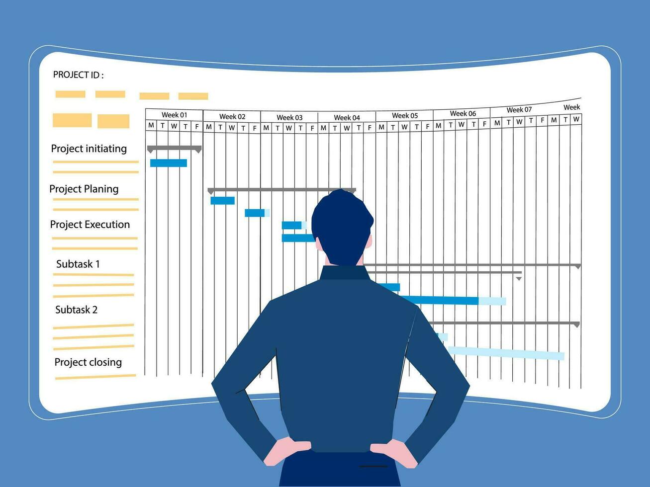Project manager working with Gantt chart planning schedule, tracking milestones and deliverables and updating tasks progress, scheduling and management skills, program strategy. Vector illustration.