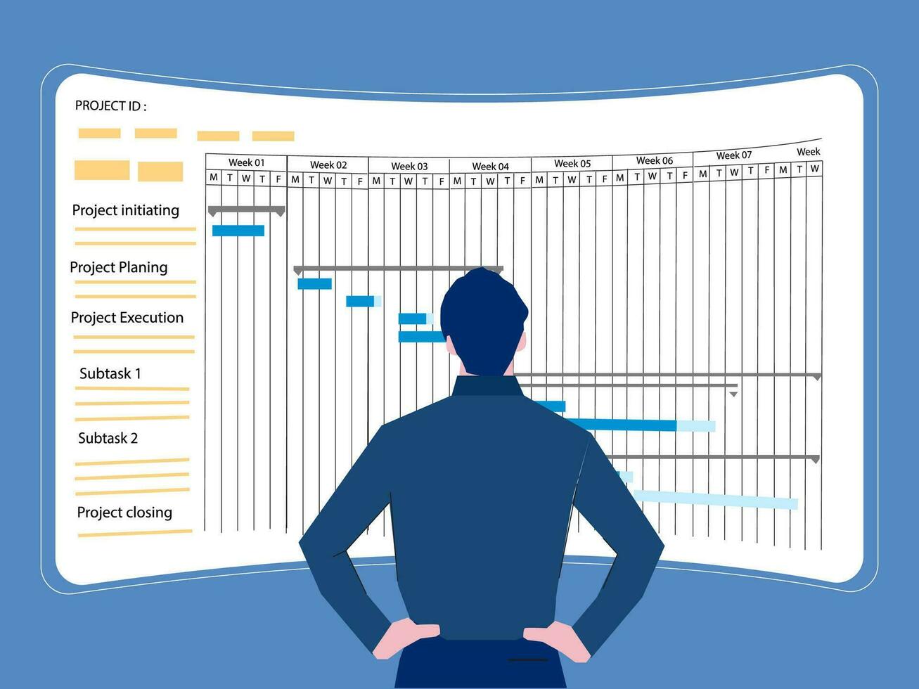 proyecto gerente trabajando con Gantt gráfico planificación cronograma, rastreo hitos y entregables y actualización Tareas progreso, Planificación y administración habilidades, programa estrategia. vector ilustración.