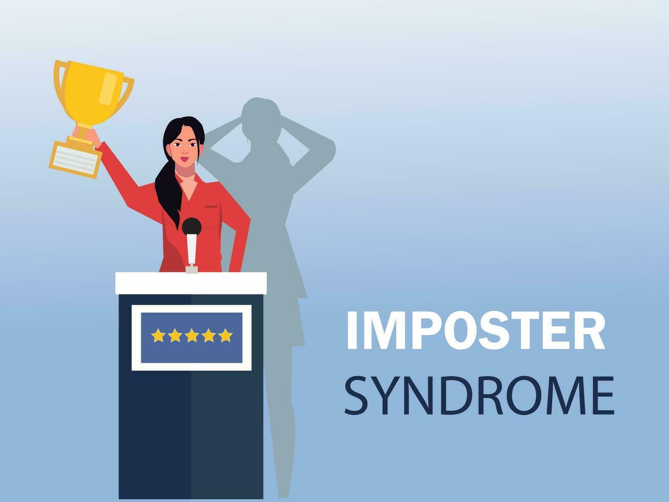 Imposter syndrome.woman standing for her present profile with fear shadow behind. Anxiety and lack of self confidence at work the person fakes is someone else concept. vector