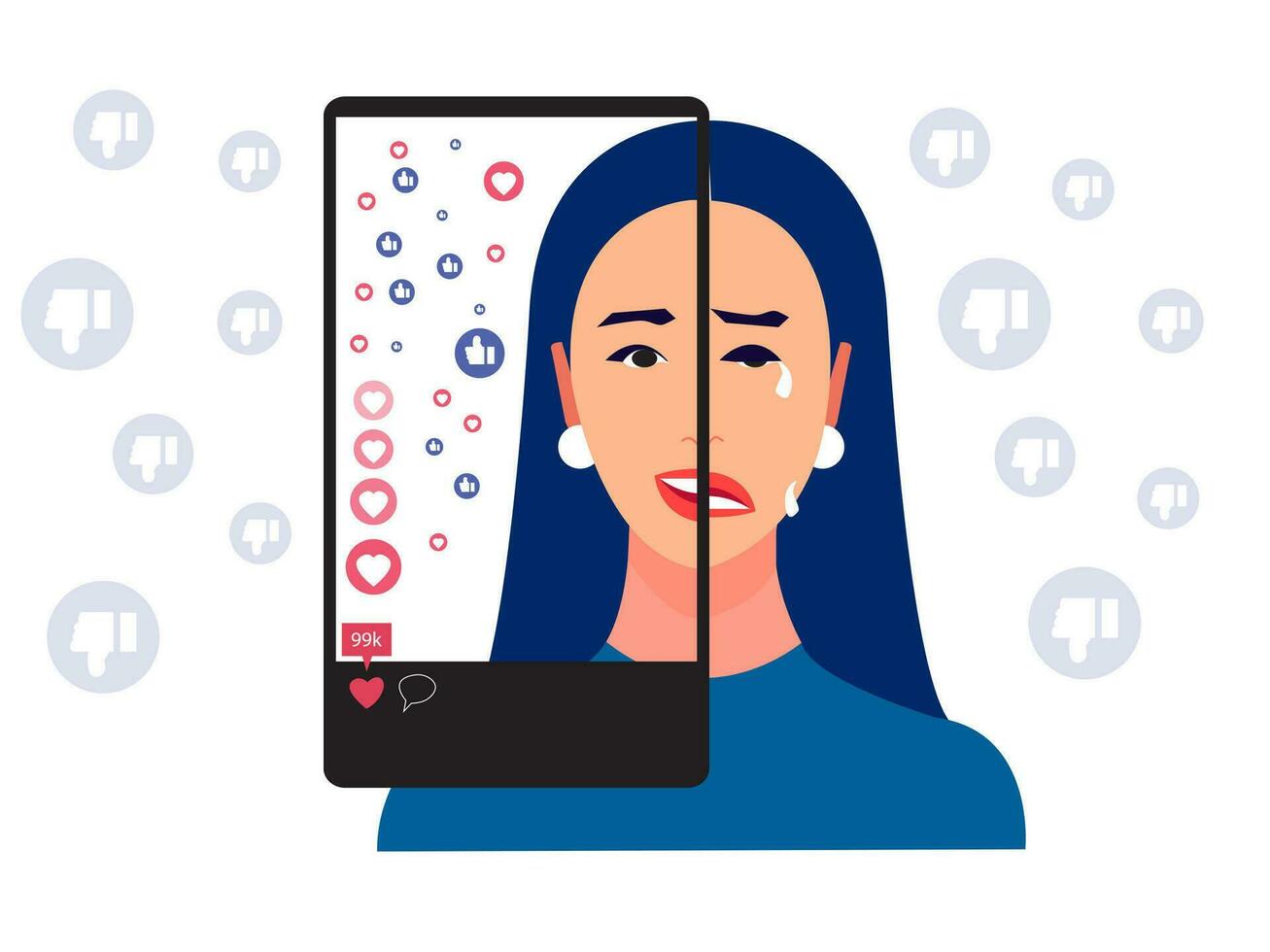 Mental health, illness ,brain development ,medical treatment concept, sad and unhappy women with tears drop pretend to be happy and smile on social media for like on dislike background, vector