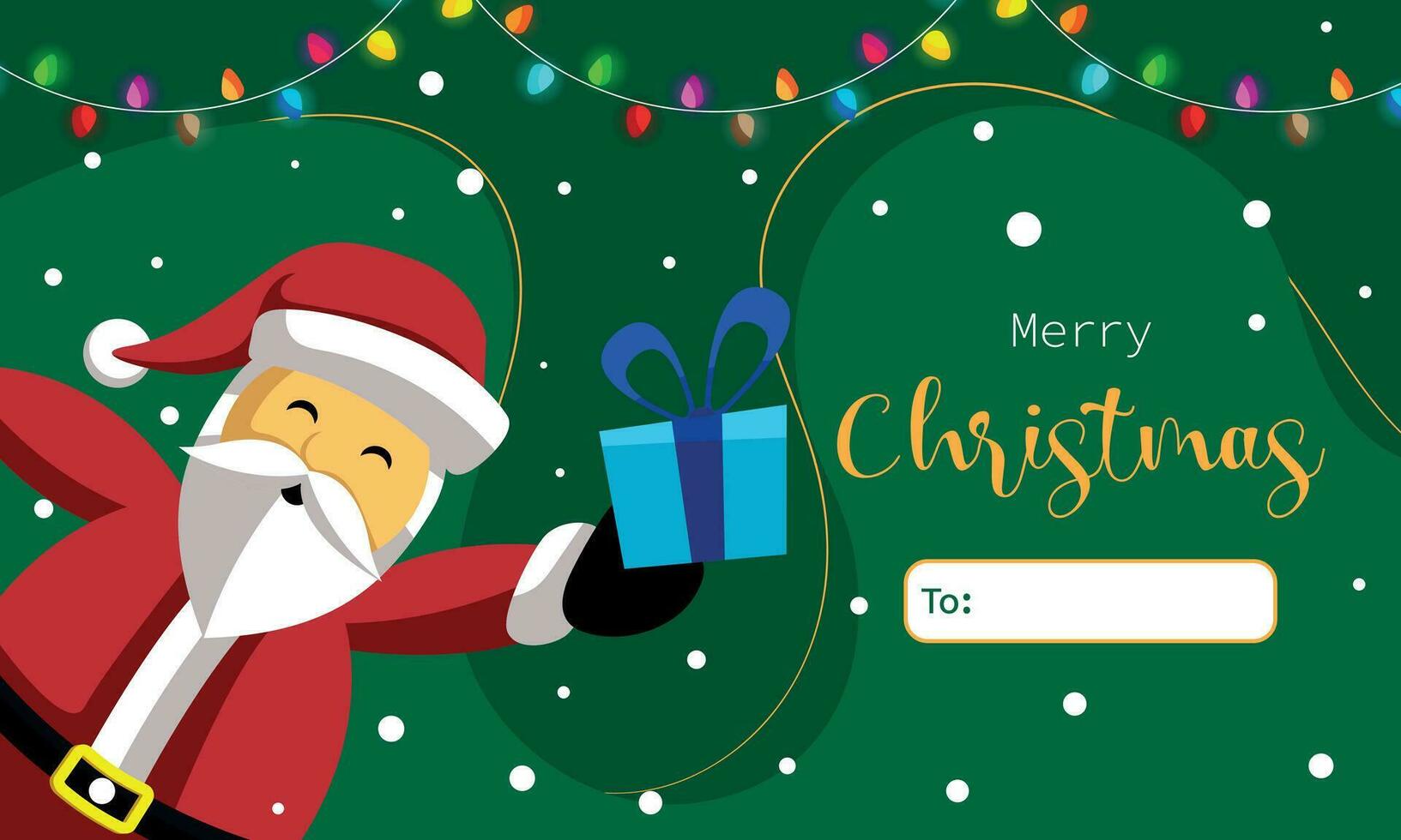 happy santa claus delivering gift, christmas background with lights and snow, vector illustration
