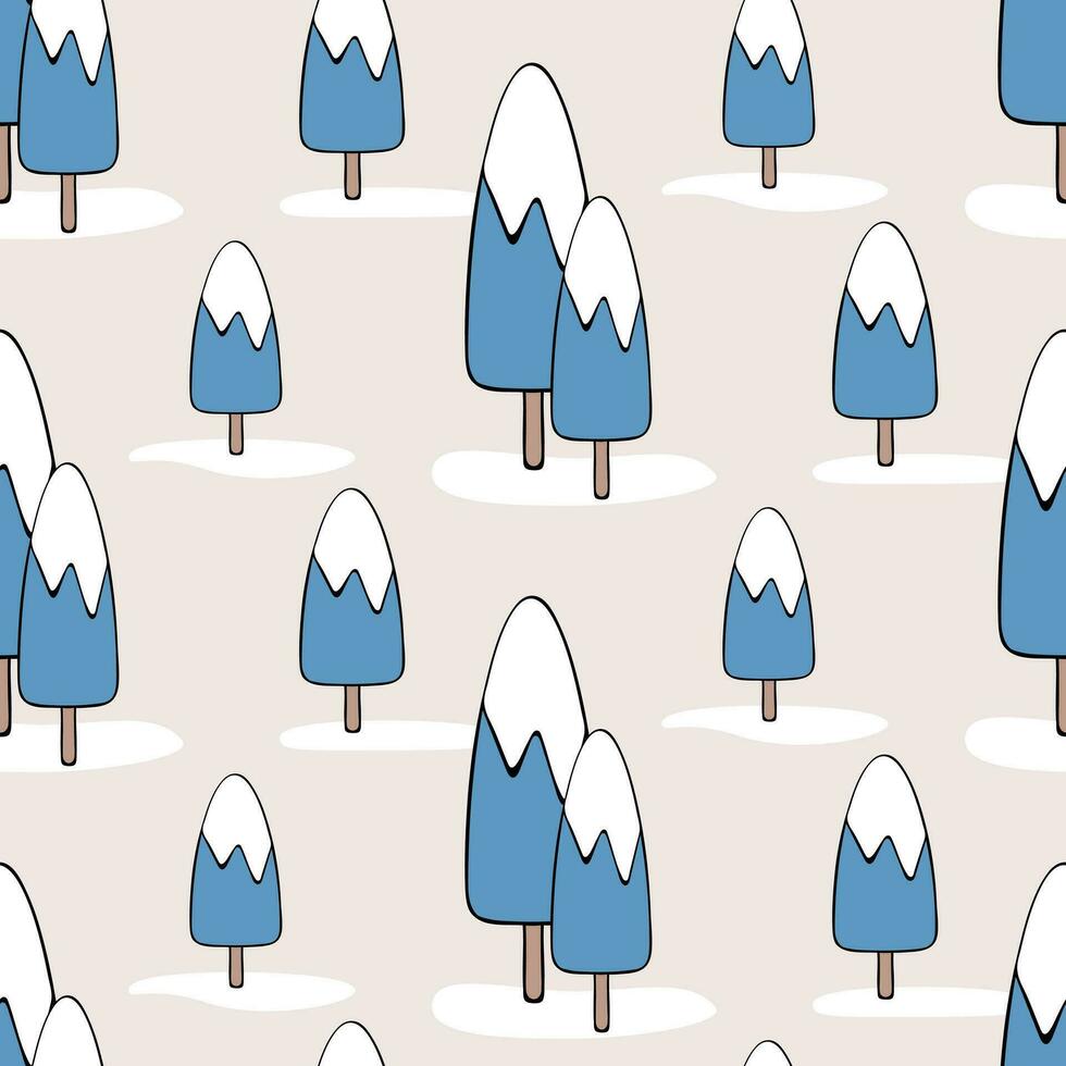 Seamless pattern of winter forest with doodle trees on isolated background. Retro forest shapes. Design for Christmas home decor, holiday greetings, Christmas and New Year celebration. vector