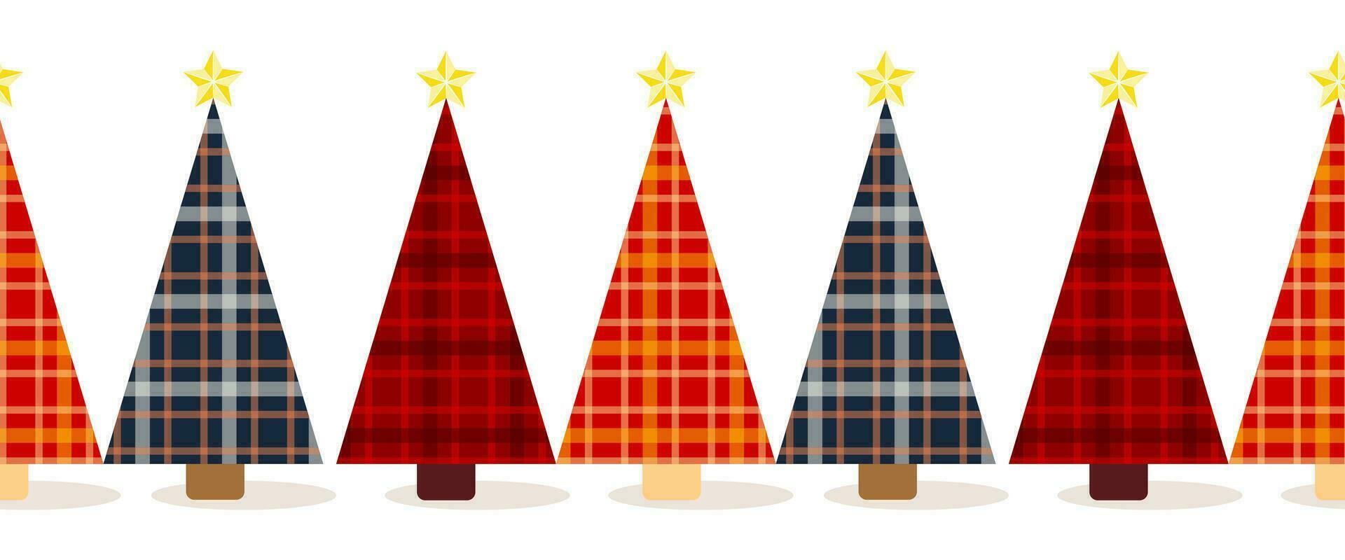 Seamless border of Christmas geometric trees in plaid and tartan textures on isolated background. Design for Christmas home decor, holiday greetings, Christmas and New Year celebration. vector