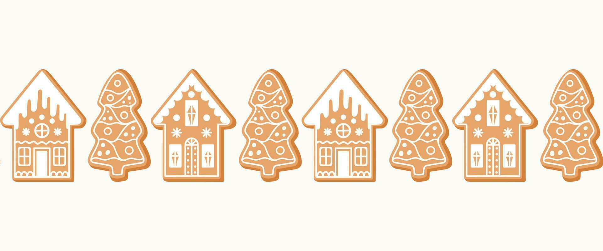 Seamless border pattern of gingerbread Christmas houses and trees, on isolated background. Hand drawn design for Winter, Christmas and New Year celebration, for paper crafts or home decor. vector