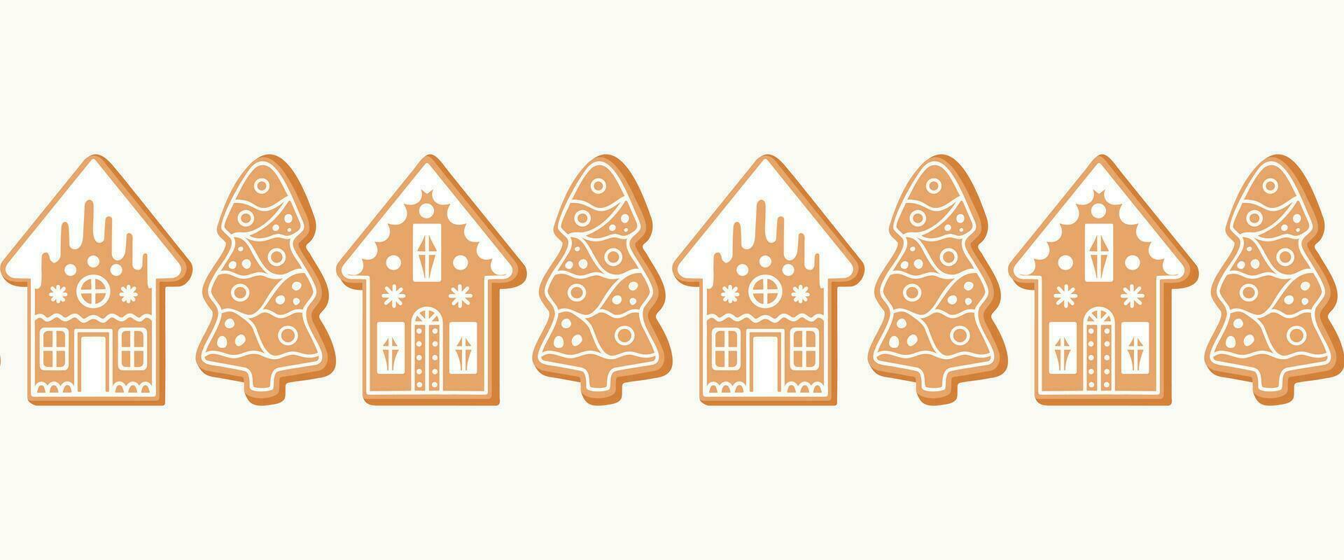 Seamless border pattern of gingerbread Christmas houses and trees, on isolated background. Hand drawn design for Winter, Christmas and New Year celebration, for paper crafts or home decor. vector