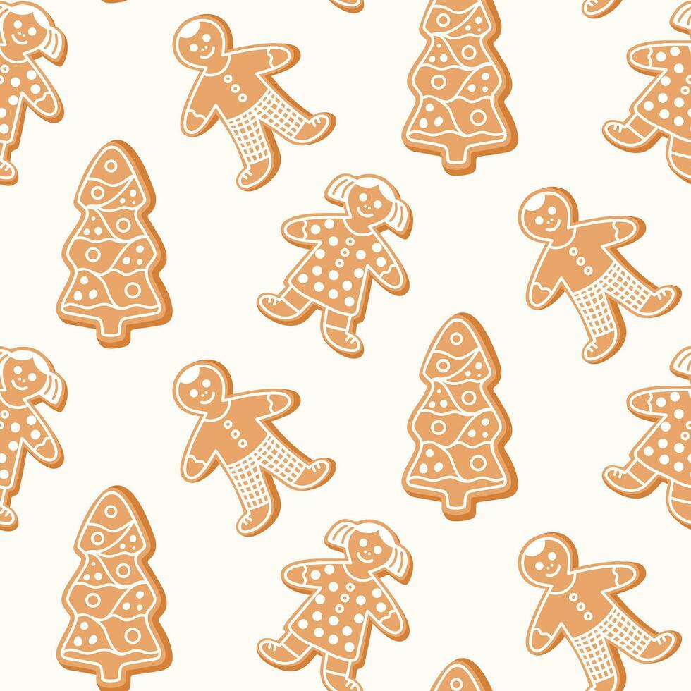 Seamless pattern of gingerbread Christmas cookies, on isolated background. Hand drawn design for Winter, Christmas and New Year celebration, for paper crafts or home decor. vector