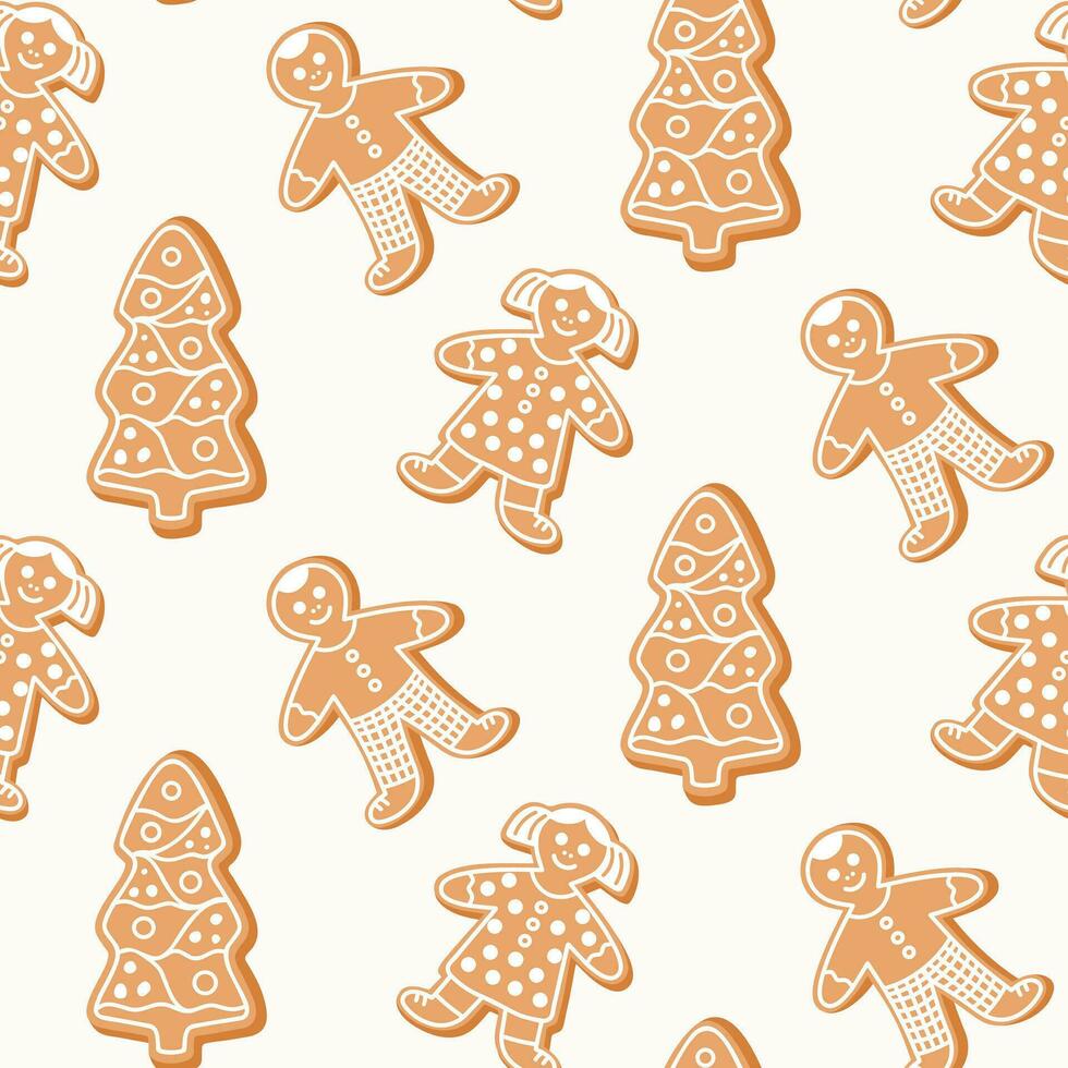 Seamless pattern of gingerbread Christmas cookies, on isolated background. Hand drawn design for Winter, Christmas and New Year celebration, for paper crafts or home decor. vector