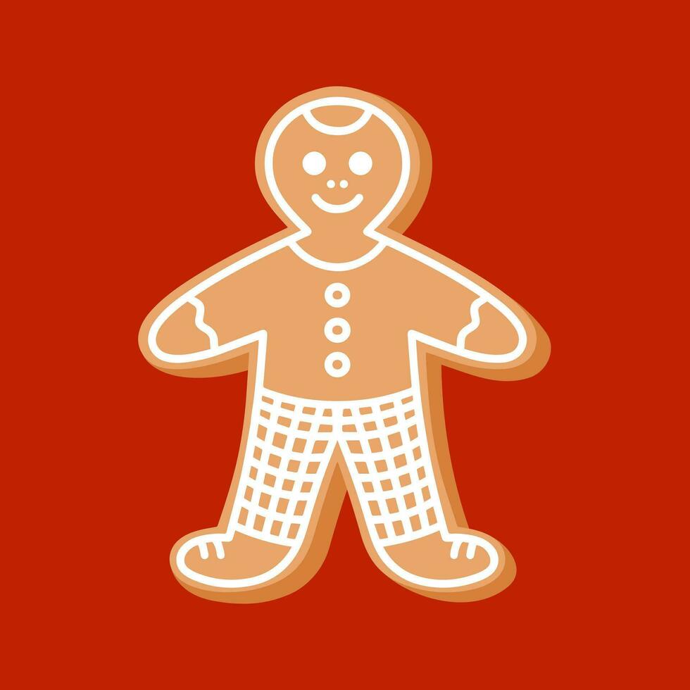 Clip art gingerbread man cookie on isolated red background. Hand drawn element for festive celebration of Winter holidays, Christmas, New Year, for paper crafts, scrapbooking or home decor. vector