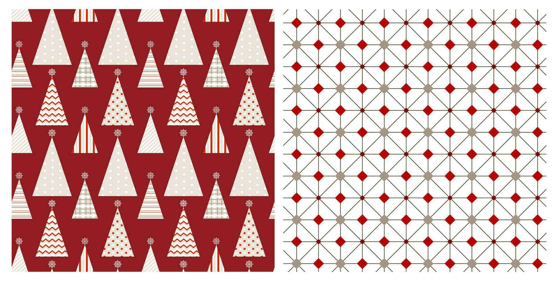 Seamless patterns set of geometric Christmas trees and diamonds on isolated background. Design for Christmas home decor, holiday greetings, Christmas and New Year celebration. vector