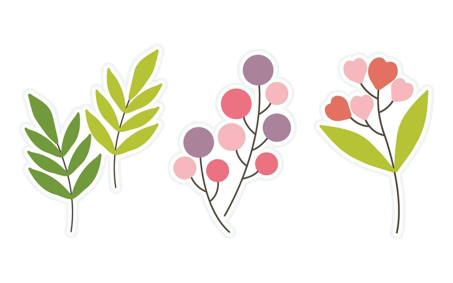 Set of flowers, floral and leaf stickers elements isolated on a white background. Spring stickers for scrapbooking, planner, greeting card and more. vector