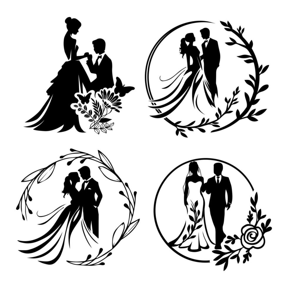 Set of couple married silhouette template. vector