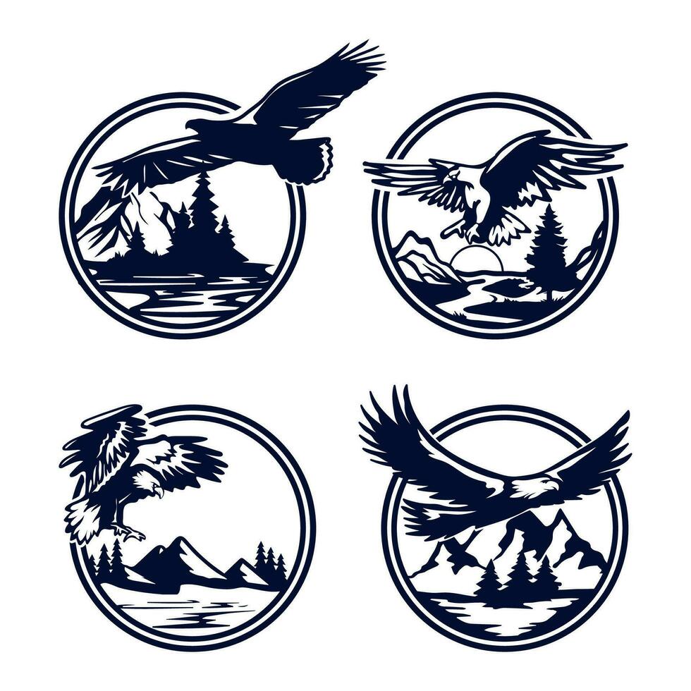 conjunto de mano dibujado águila aventuras logo insignia. vector