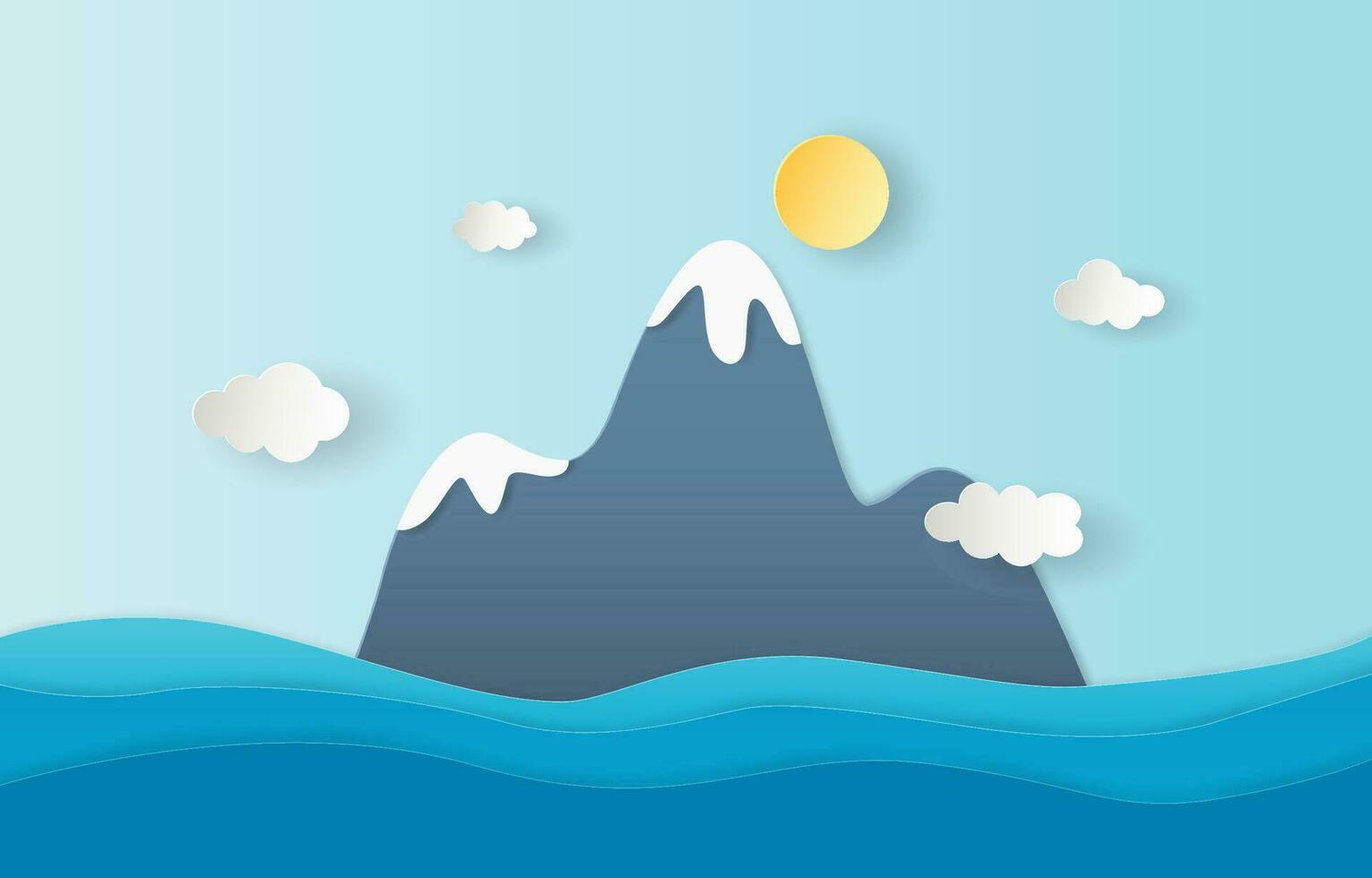 Paper art style of volcanic mountain on ocean or sinking island, vector and illustration.