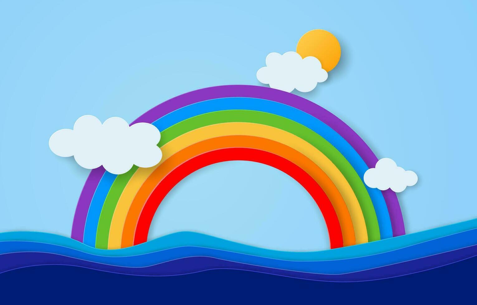 Paper art style of rainbow over the ocean with clouds and sun, vector and illustration.