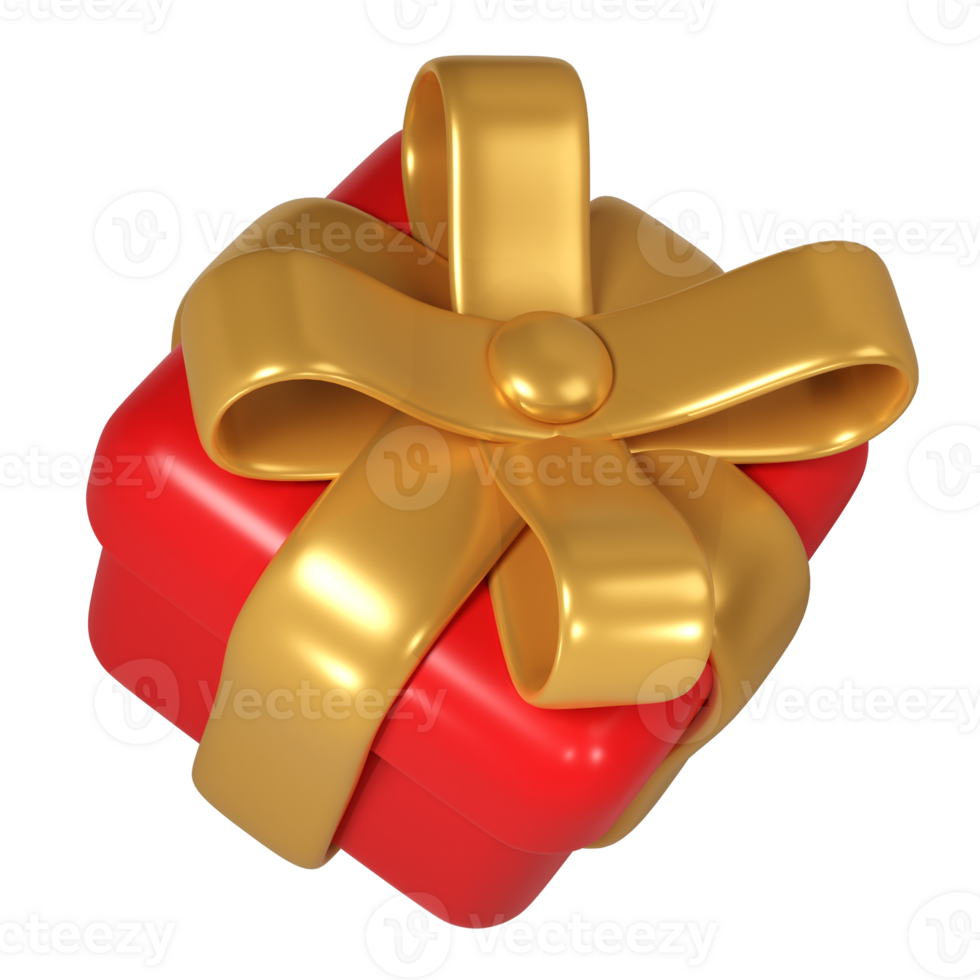 3d red Christmas gift box icon with golden ribbon bow. Render New Year modern holiday. Realistic icon for present shopping banner or poster png